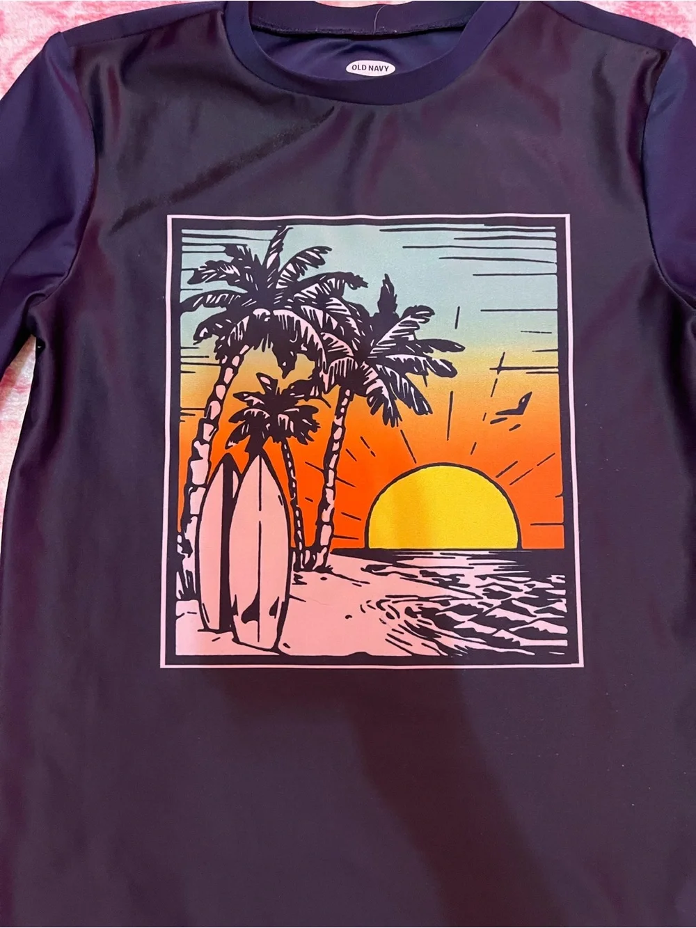 Old Navy Boys Navy Rash Guard with Sunset Palm Graphic